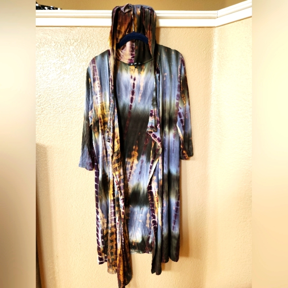Coin Hooded Tie Dye Kimono Sweater Size M